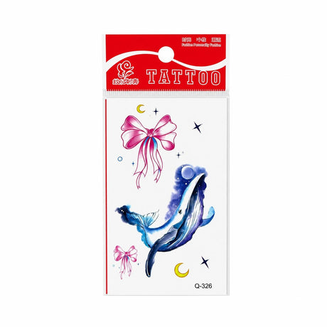 Tatuaj Temporar Semipermanent Balenă Albastră cu Fundițe Roz și Elemente Cosmice – 10 cm