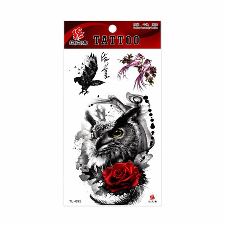 Tatuaj Temporar Semipermanent Bufniță Artistică cu Trandafir și Păsări – 18 cm, Rezistent la Apă