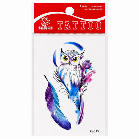 Tatuaj Temporar Semipermanent Bufniță în Stil Acuarelă 10 cm – Design Artistic cu Pană și Floare