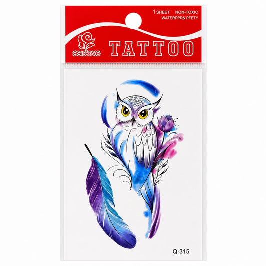 Tatuaj Temporar Semipermanent Bufniță în Stil Acuarelă 10 cm – Design Artistic cu Pană și Floare