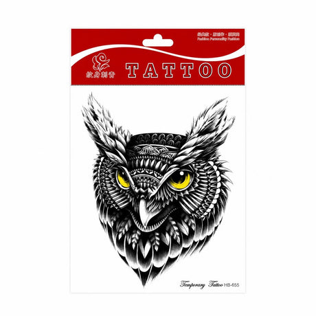 Tatuaj Temporar Semipermanent Bufniță Tribală cu Ochi Galbeni – 20 cm, Rezistent la Apă