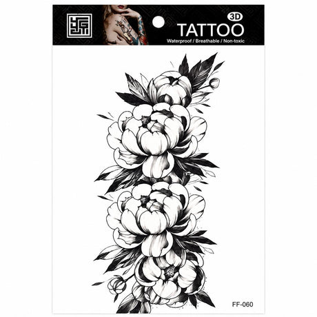 Tatuaj Temporar Semipermanent Bujori Florali Black & Grey – 18 cm, Rezistent la Apă
