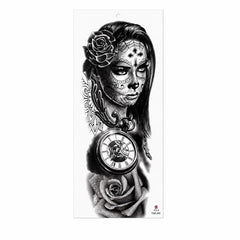 Tatuaj Temporar Semipermanent Catrina cu Trandafiri și Ceas Vintage – 45 cm