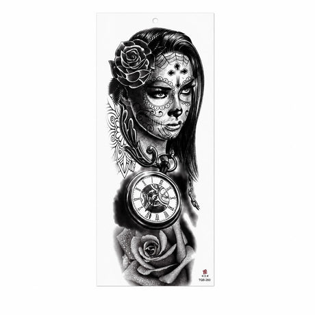 Tatuaj Temporar Semipermanent Catrina cu Trandafiri și Ceas Vintage – 45 cm