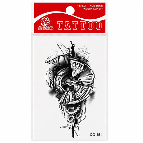 Tatuaj Temporar Semipermanent Ceas cu Roți Dințate 10 cm – Design Steampunk Alb-Negru