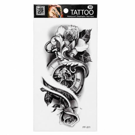 Tatuaj Temporar Semipermanent Ceas Vintage și Trandafiri – 18 cm, Rezistent la Apă