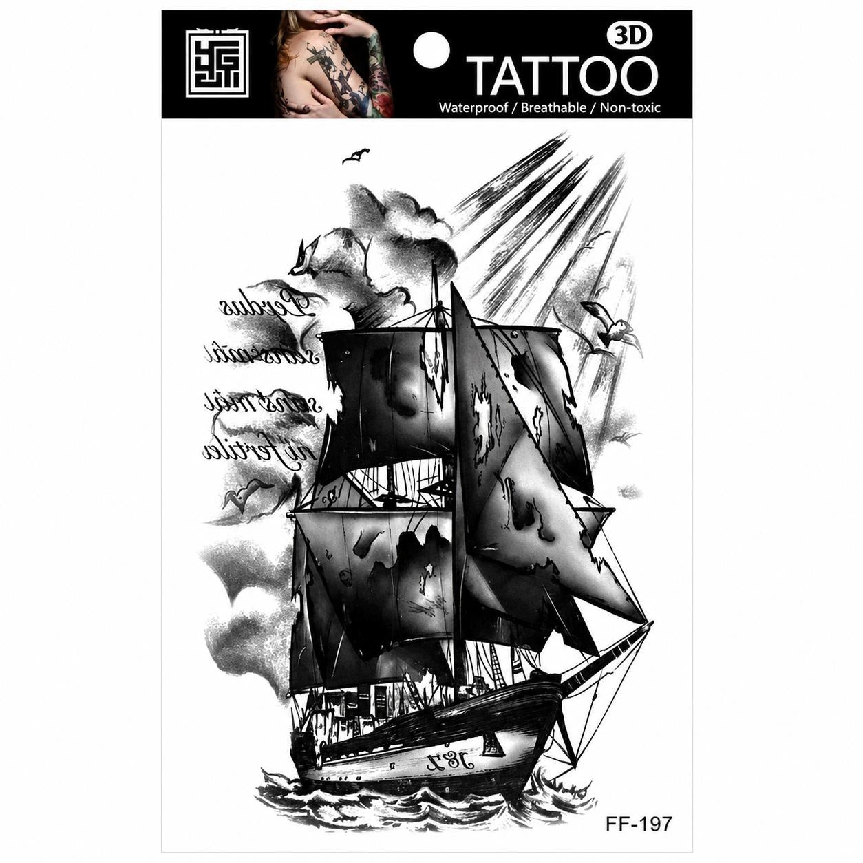 Tatuaj Temporar Semipermanent Corabie cu Pânze Negre – 18 cm, Rezistent la Apă