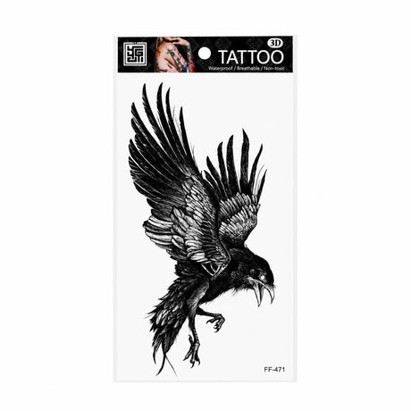 Tatuaj Temporar Semipermanent Corb Negru în Zbor – 18 cm, Rezistent la Apă