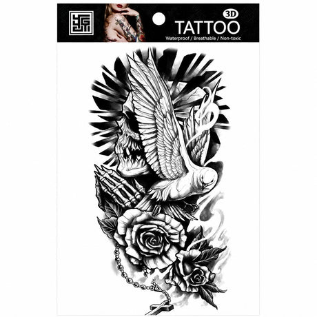 Tatuaj Temporar Semipermanent Craniu, Porumbel și Trandafiri – 18 cm, Rezistent la Apă