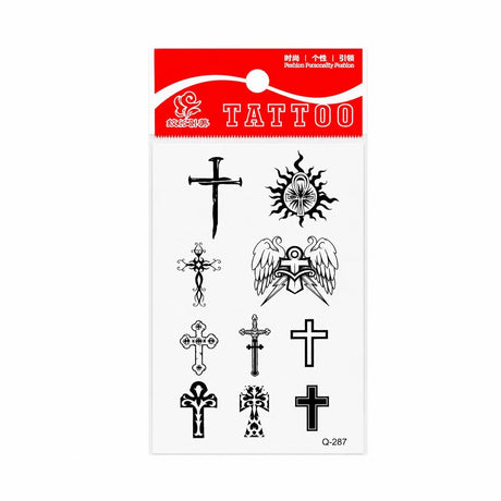 Tatuaj Temporar Semipermanent Cruci și Simboluri Religioase – Design Spiritual Alb-Negru, 10 cm