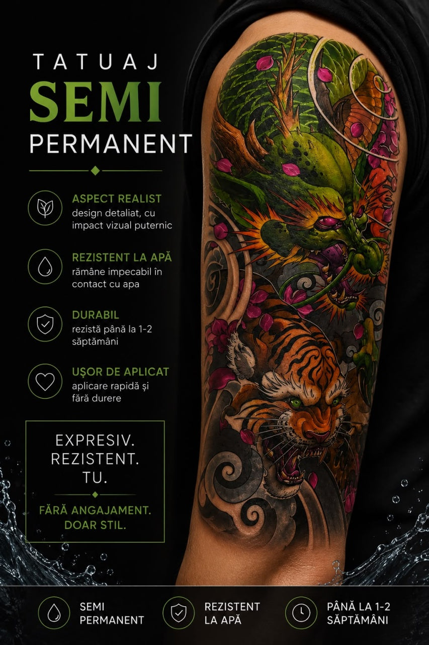 Tatuaj Temporar Semipermanent Dragon și Tigru Japonez 45 cm – Design Colorat, Rezistent la Apă