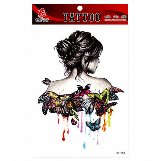 Tatuaj Temporar Semipermanent Femeie și Fluturi Multicolori – 20 cm, Rezistent la Apă, Efect Realist