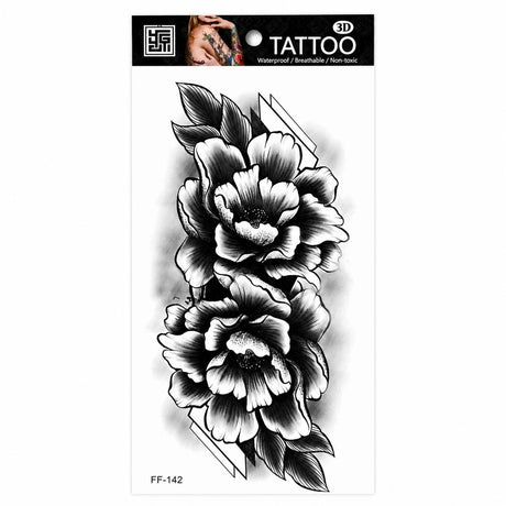 Tatuaj Temporar Semipermanent Flori Bujor Realiste – Design Floral Black & Grey, 18 cm