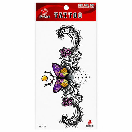 Tatuaj Temporar Semipermanent Fluture Mov cu Ornamente Florale – 18 cm, Rezistent la Apă