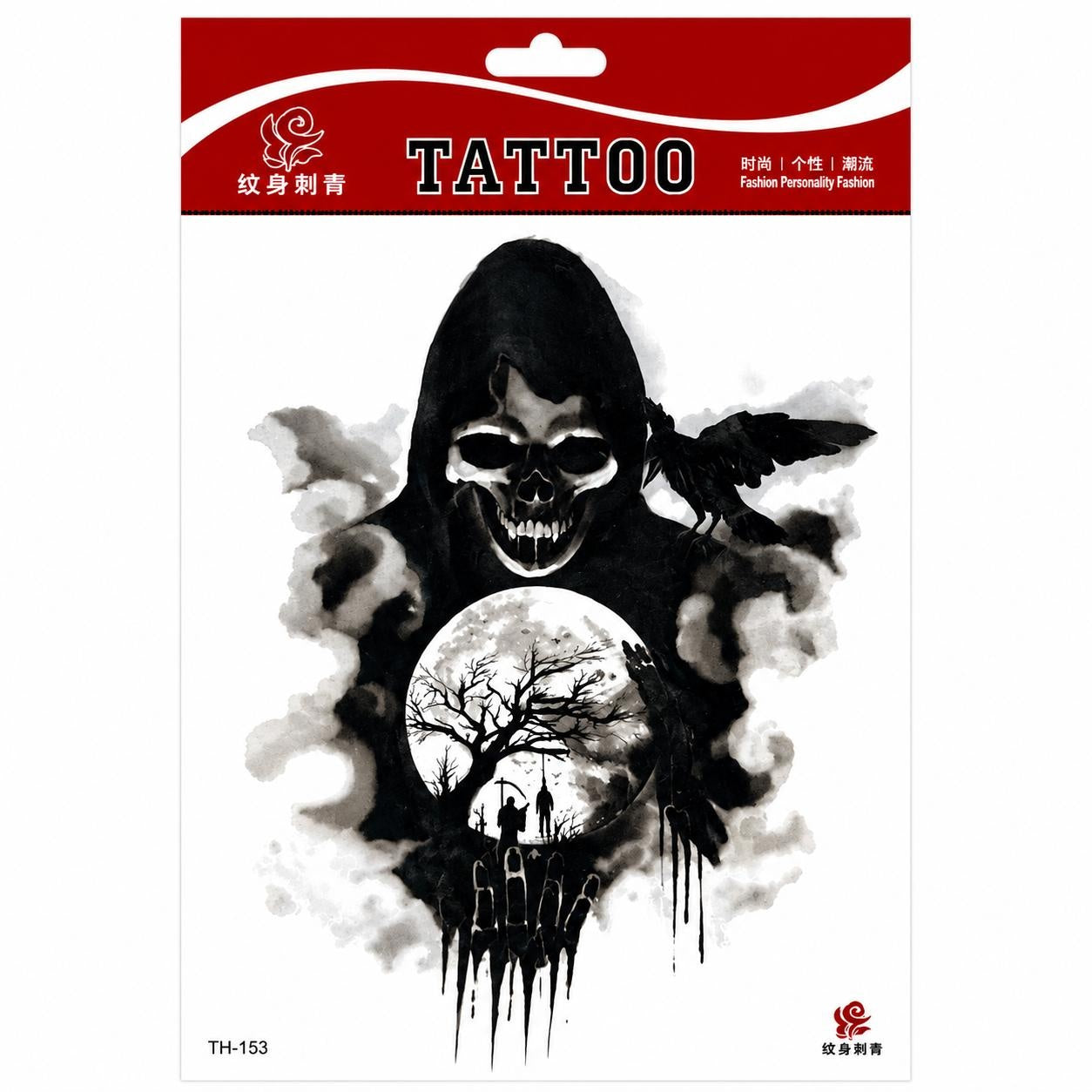 Tatuaj Temporar Semipermanent Grim Reaper cu Craniu și Corb – 20 cm, Rezistent la Apă
