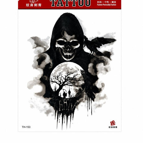 Tatuaj Temporar Semipermanent Grim Reaper cu Craniu și Corb – 20 cm, Rezistent la Apă