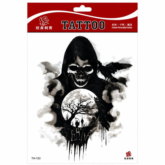 Tatuaj Temporar Semipermanent Grim Reaper cu Craniu și Corb – 20 cm, Rezistent la Apă