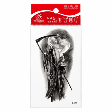 Tatuaj Temporar Semipermanent Grim Reaper cu Lună Plină – Design Dark Gothic, 10 cm