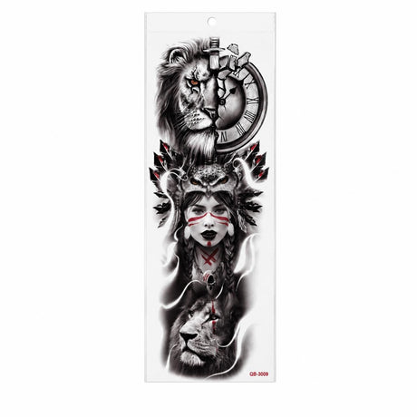 Tatuaj Temporar Semipermanent Leu, Războinică și Ceas – Design Realist Premium, 45 cm