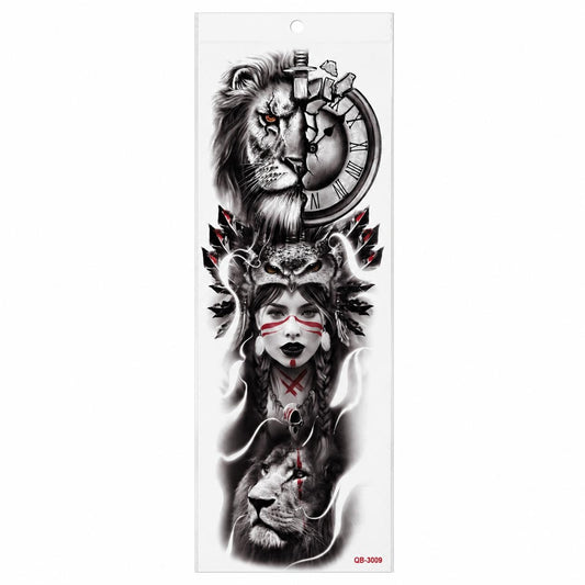 Tatuaj Temporar Semipermanent Leu, Războinică și Ceas – Design Realist Premium, 45 cm