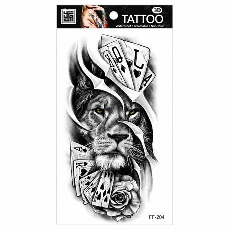 Tatuaj Temporar Semipermanent Leu Regal și Cărți de Joc – 18 cm, Rezistent la Apă