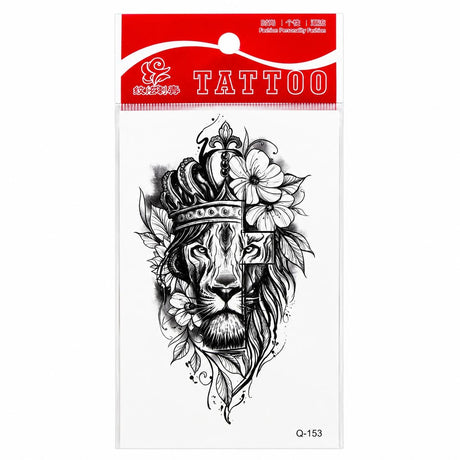 Tatuaj Temporar Semipermanent Leu Rege cu Coroană și Flori 10 cm