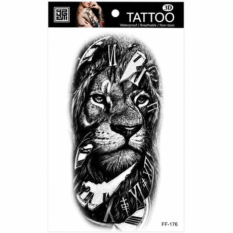 Tatuaj Temporar Semipermanent Leu și Ceas – Design Black & Grey, 18 cm