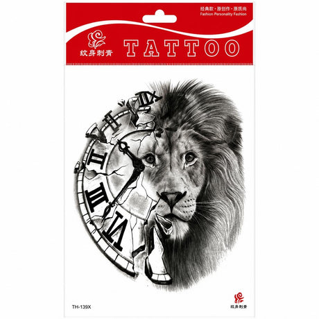 Tatuaj Temporar Semipermanent Leu și Ceas Roman – 20 cm, Rezistent la Apă, Efect Realist