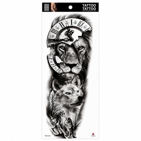 Tatuaj Temporar Semipermanent Leu și Lup cu Ceas Vintage – 45 cm