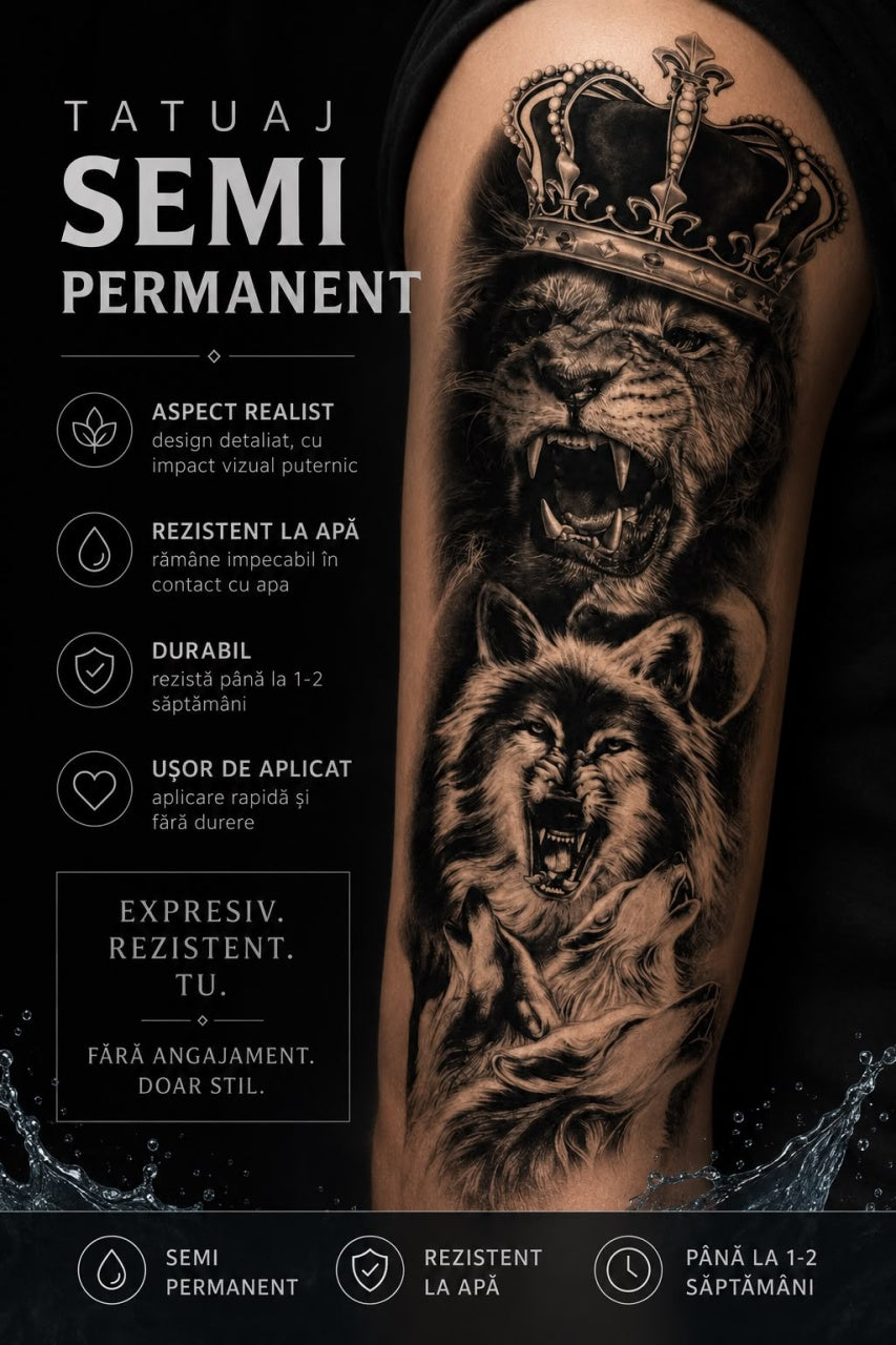 Tatuaj Temporar Semipermanent Leu și Lupi Realistici 45 cm – Rezistent la Apă