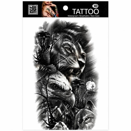 Tatuaj Temporar Semipermanent Leu, Vultur și Lup – 18 cm, Rezistent la Apă