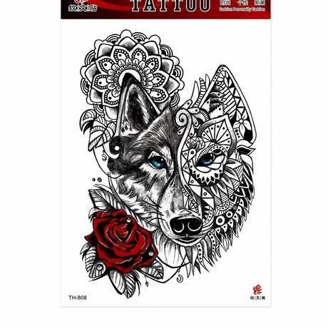 Tatuaj Temporar Semipermanent Lup Mandala și Trandafir – 20 cm, Rezistent la Apă, Efect Realist