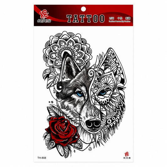 Tatuaj Temporar Semipermanent Lup Mandala și Trandafir – 20 cm, Rezistent la Apă, Efect Realist