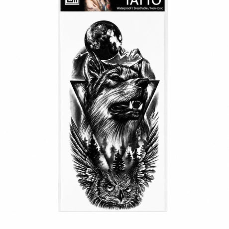 Tatuaj Temporar Semipermanent Lup și Bufniță – Design Wildlife Realist Black & Grey, 18 cm