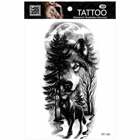 Tatuaj Temporar Semipermanent Lup și Lună Plină – 18 cm, Rezistent la Apă