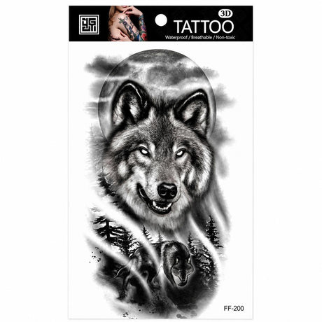 Tatuaj Temporar Semipermanent Lup sub Lună Plină – Design Realist Black & Grey, 18 cm