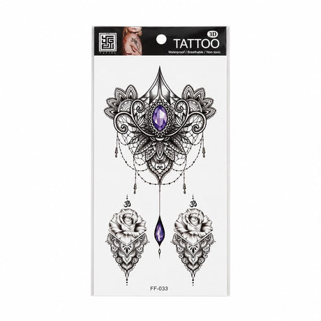 Tatuaj Temporar Semipermanent Mandala cu Cristal Violet și Trandafiri – 18 cm, Rezistent la Apă