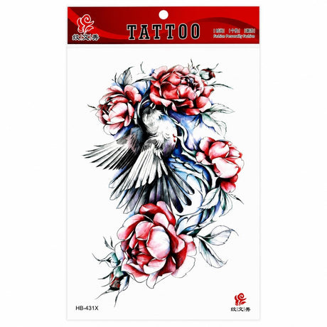 Tatuaj Temporar Semipermanent Pasăre și Trandafiri Color – 20 cm, Rezistent la Apă, Efect Realist
