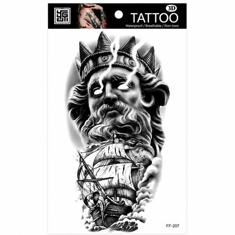 Tatuaj Temporar Semipermanent Poseidon cu Corabie – Design Mitologic Black & Grey, 18 cm