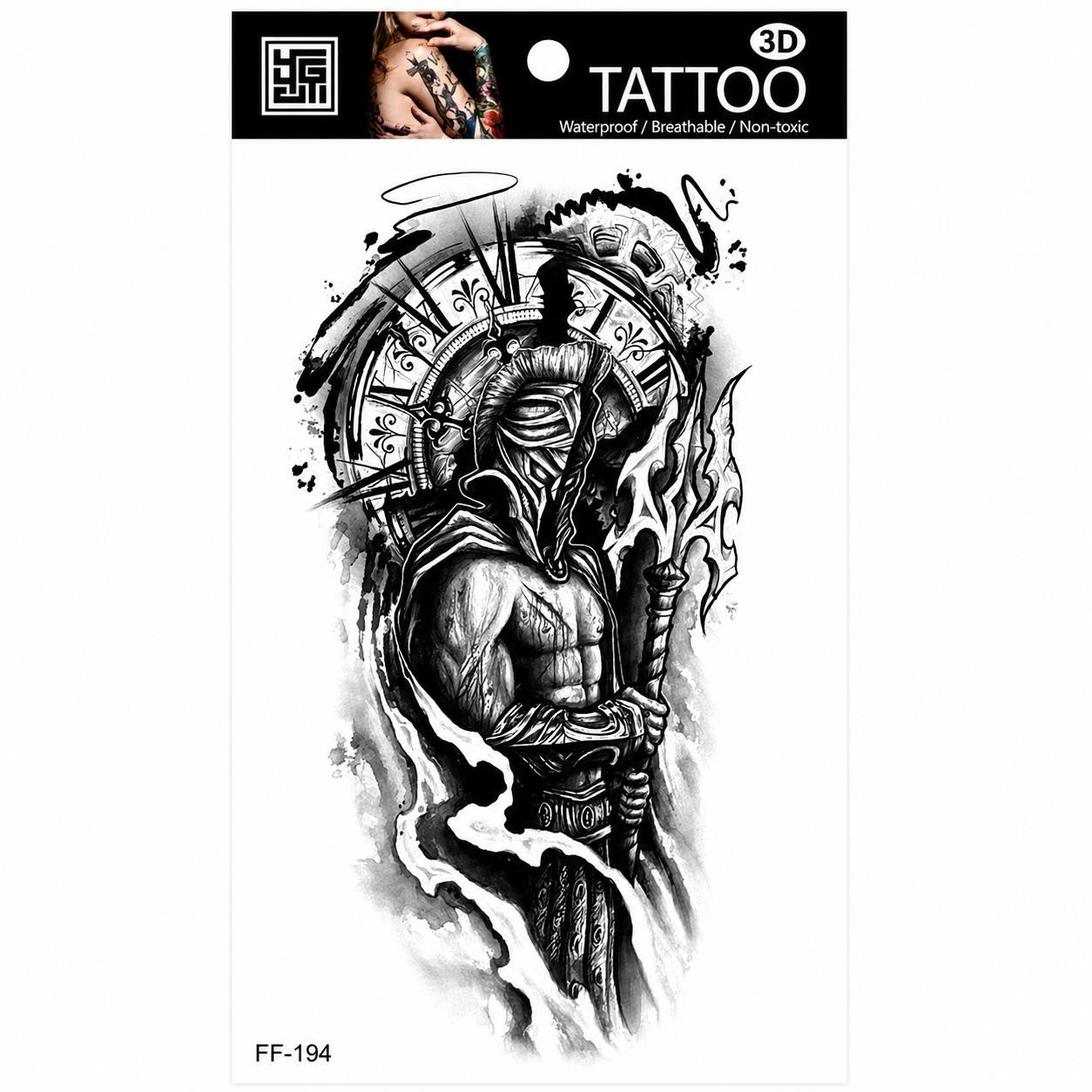 Tatuaj Temporar Semipermanent Războinic Si Ceas Antic – 18 cm, Rezistent la Apă