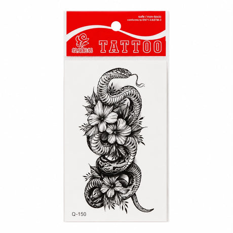 Tatuaj Temporar Semipermanent Șarpe cu Flori 10 cm – Design Realist Monocrom, Rezistent la Apă