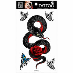 Tatuaj Temporar Semipermanent Șarpe Negru cu Trandafir Roșu și Fluturi – 18 cm, Rezistent la Apa