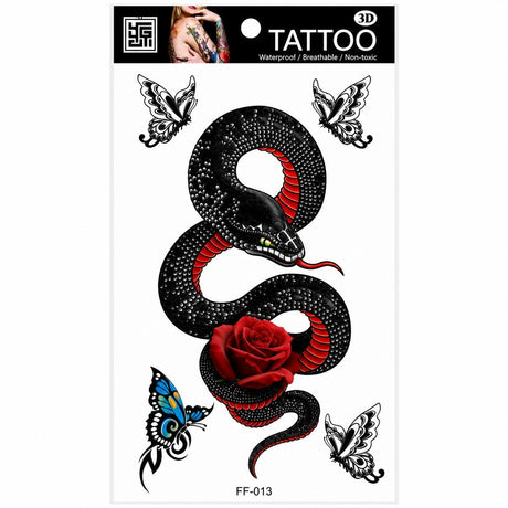 Tatuaj Temporar Semipermanent Șarpe Negru cu Trandafir Roșu și Fluturi – 18 cm, Rezistent la Apa