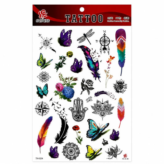 Tatuaj Temporar Semipermanent Set Fluturi, Pene și Mandale – 20 cm, Rezistent la Apă, Efect Realist