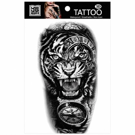 Tatuaj Temporar Semipermanent Tigru , Busolă și Ceas – 18 cm, Rezistent la Apă