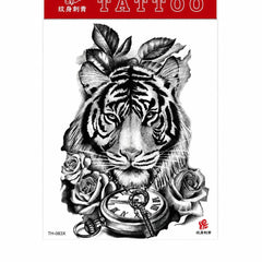 Tatuaj Temporar Semipermanent Tigru, Trandafiri și Ceas Vintage – 20 cm, Rezistent la Apă