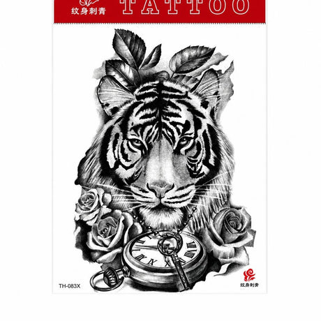 Tatuaj Temporar Semipermanent Tigru, Trandafiri și Ceas Vintage – 20 cm, Rezistent la Apă