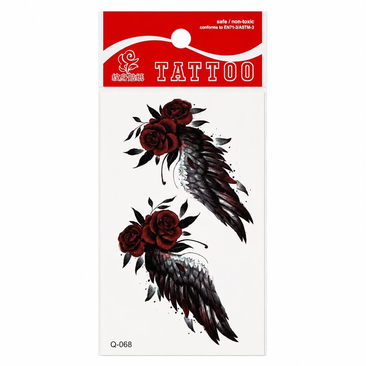 Tatuaj Temporar Semipermanent Trandafiri Roșii și Aripi Negre 10 cm – Design Elegant și Romantic