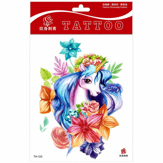 Tatuaj Temporar Semipermanent Unicorn Floral Colorat – 20 cm, Rezistent la Apă, Efect Acuarelă