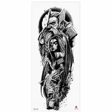 Tatuaj Temporar Semipermanent Viking cu Lup și Războinică – 45 cm